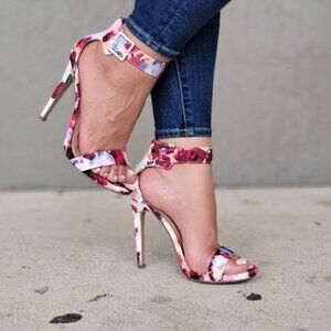 Women's Ankle Strap High Heels Sandals Flower Print Color
